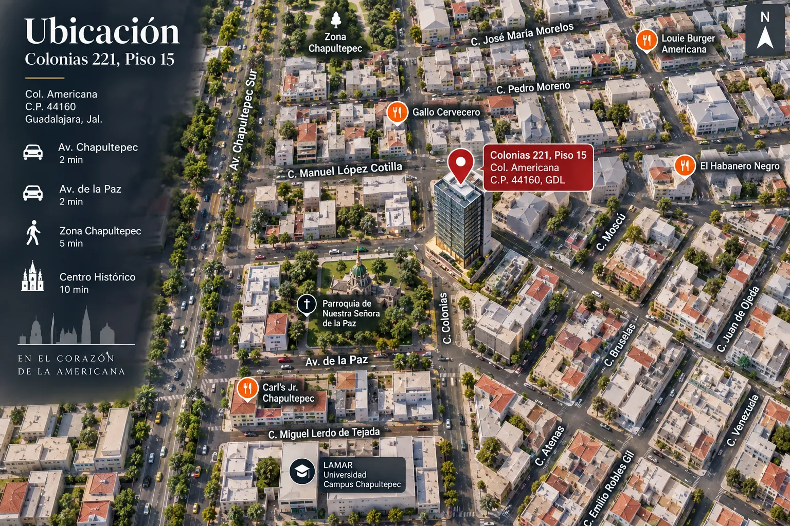 Croquis de ubicación de la oficina SIGOB® en Colonias 221, Piso 15, Col. Americana, Guadalajara, Jalisco
